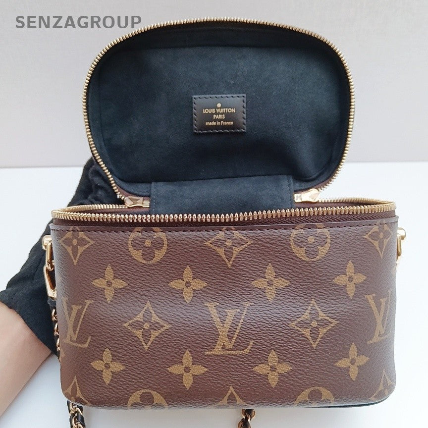 Louis Vuitton Monogram Chain Crossbody Top Handle Bag Brown Gold Women Classic