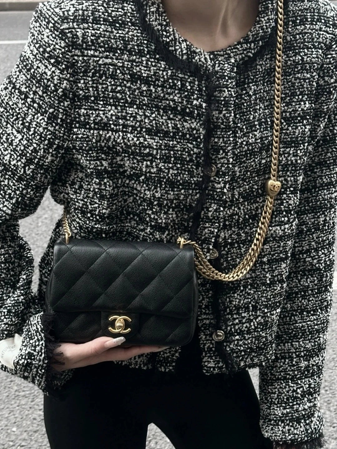 Chanel Black Gold Leather Heart Ball Mini Crossbody Bag For Women