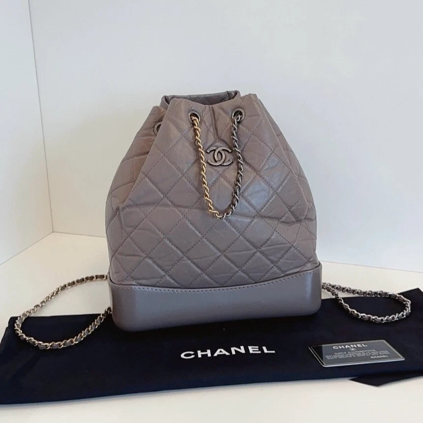Chanel Gabrielle MM Chain Backpack Shoulder Bag Gray Gold Women Classic