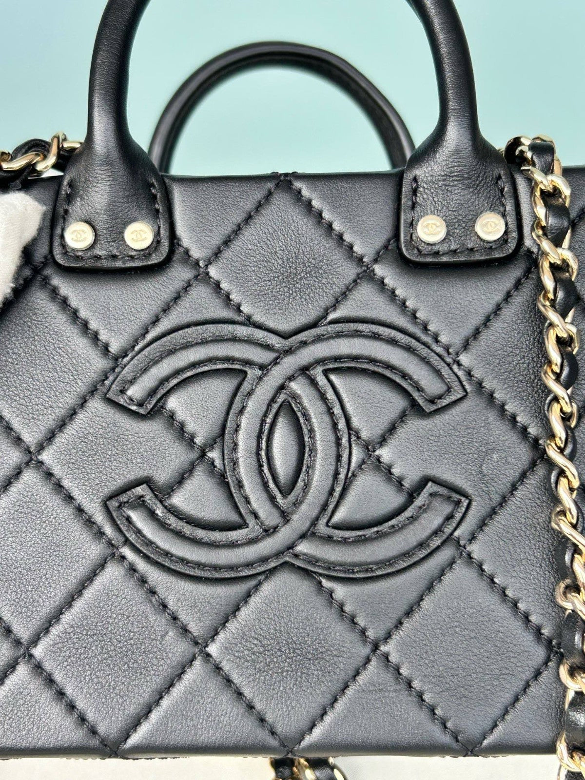 Chanel Camera Case PM Chain Top Handle Crossbody Black Gold Women Classic