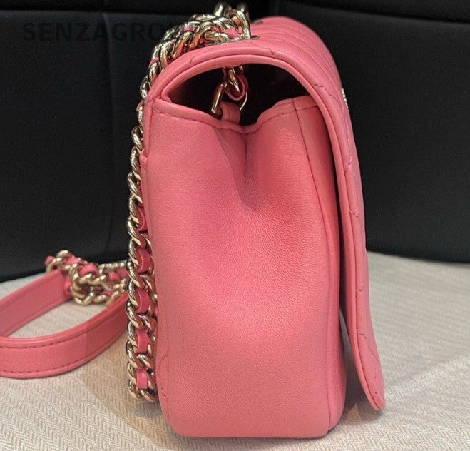 Chanel Diamond Chain Shoulder Bag Pink Gold Used Women Classic Fashion