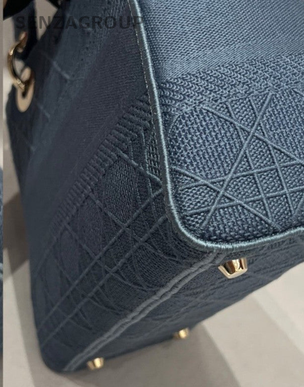 Christian Dior Lady Dior Top Handle Bag Crossbody Blue Silver Used Women Classic