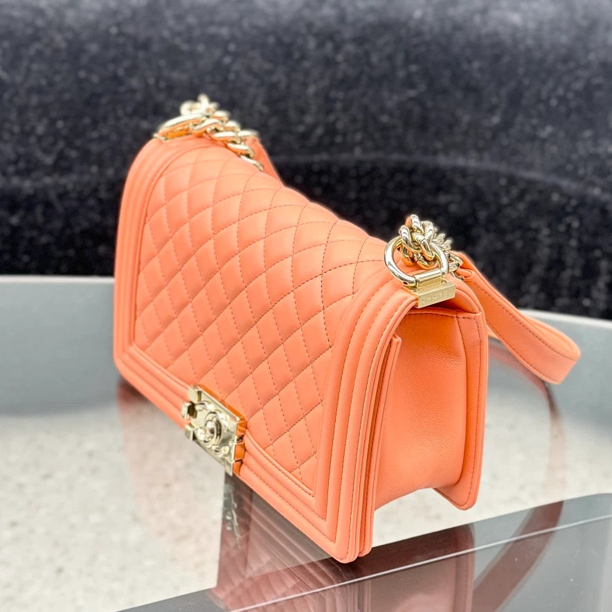 Chanel Leboy MM Calfskin Chain Shoulder Bag Crossbody Orange Gold Women S