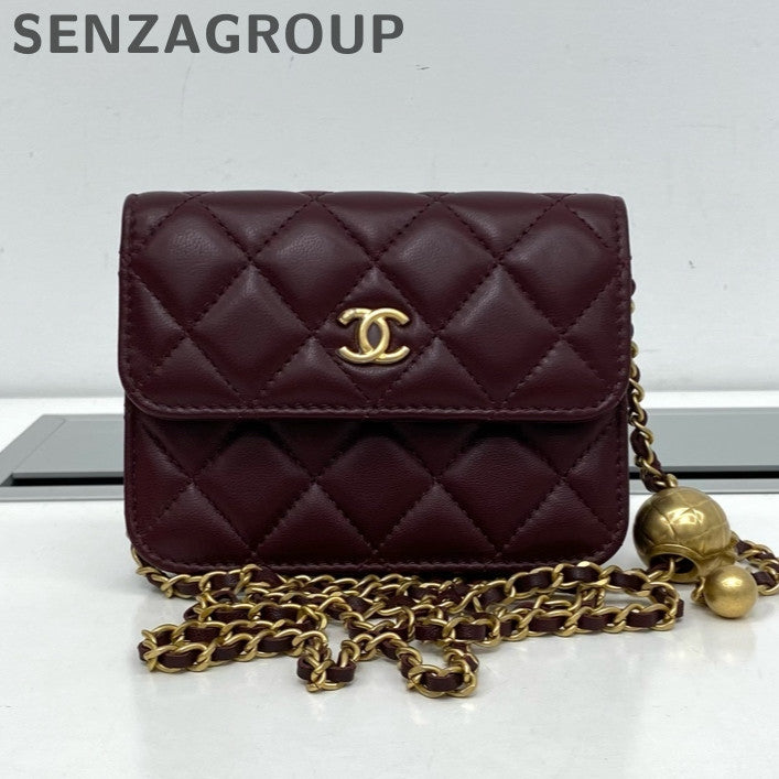 Chanel Classic Quilted Red Gold Chain Card Case Crossbody Bag