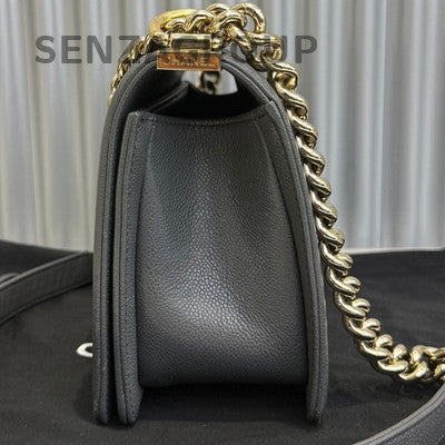 Chanel Le Boy Medium Grey Gold Hardware Calfskin Chain Shoulder Bag