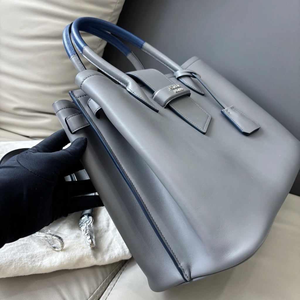 Prada Double Bag Calfskin Top Handle Shoulder Bag Gray Silver Women Classic