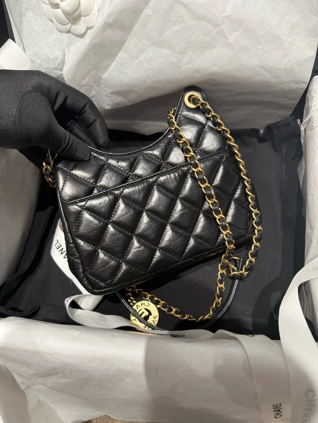 CHANEL Mini Black Gold Hobo Shoulder Bag For Women