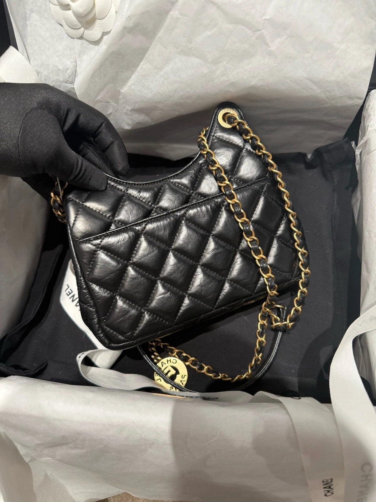 CHANEL Mini Black Gold Hobo Shoulder Bag For Women