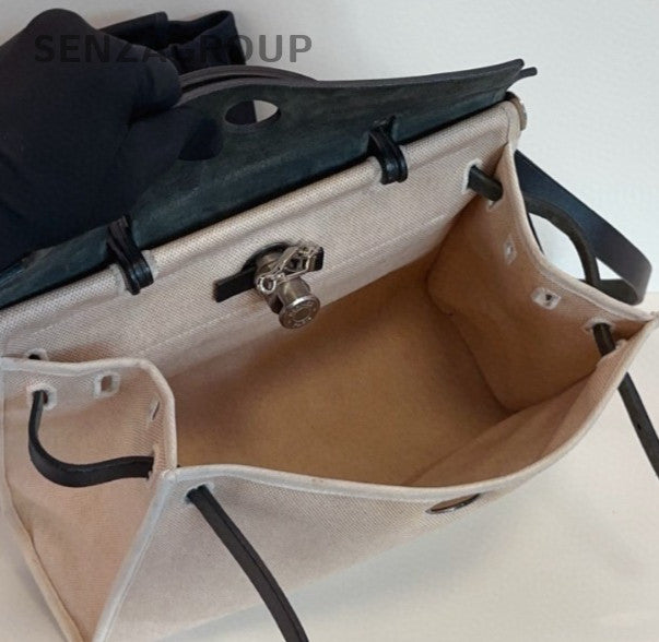 Hermes Herbag Canvas Top Handle Bag Crossbody White Black Women Classic Vintage