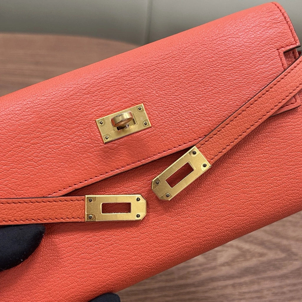 Authentic Hermes Kelly Long Wallet Goatskin Orange Gold Hardware