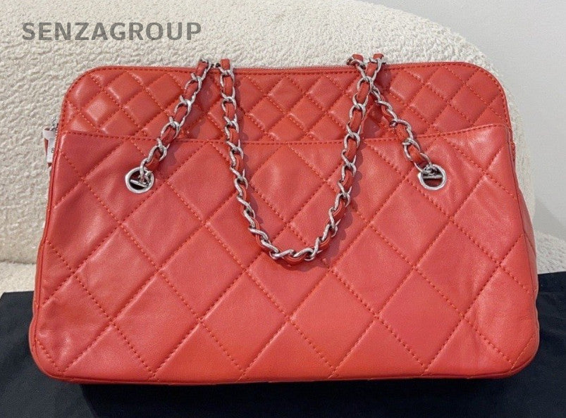 CHANEL Diamond Pattern Chain Shoulder bag Red Silver Women