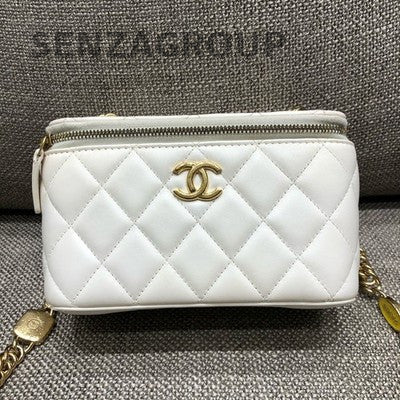 Chanel Quilted Chain Shoulder Crossbody Bag White Gold Women Classic