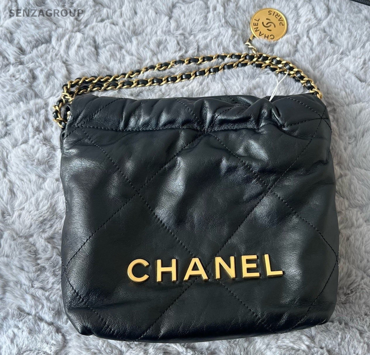 Chanel 22Bag Mini Calfskin Chain Shoulder Bag Black Gold Women Classic Diamond