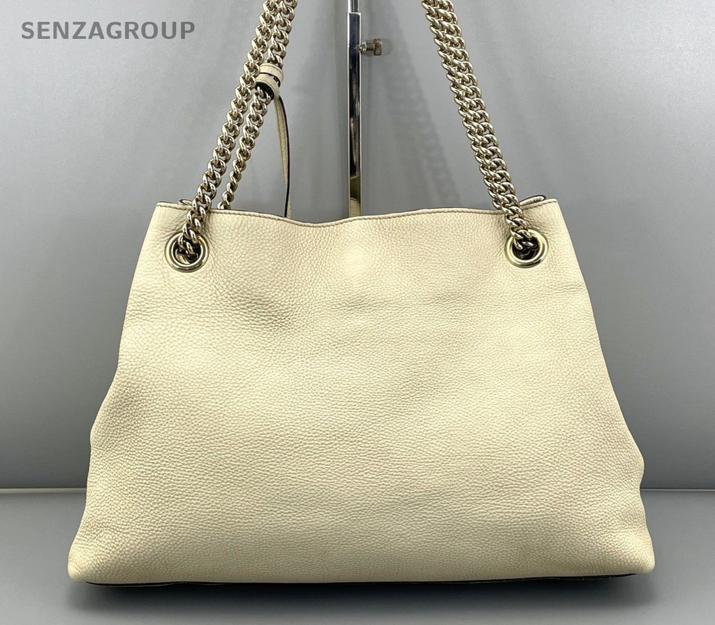 Gucci Soho Chain Tassel Tote Shoulder Bag White Silver Used Women Classic