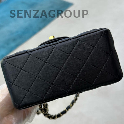 Chanel 25S Black Gold Quilted Lambskin Mini Square Flap Bag Chain Crossbody