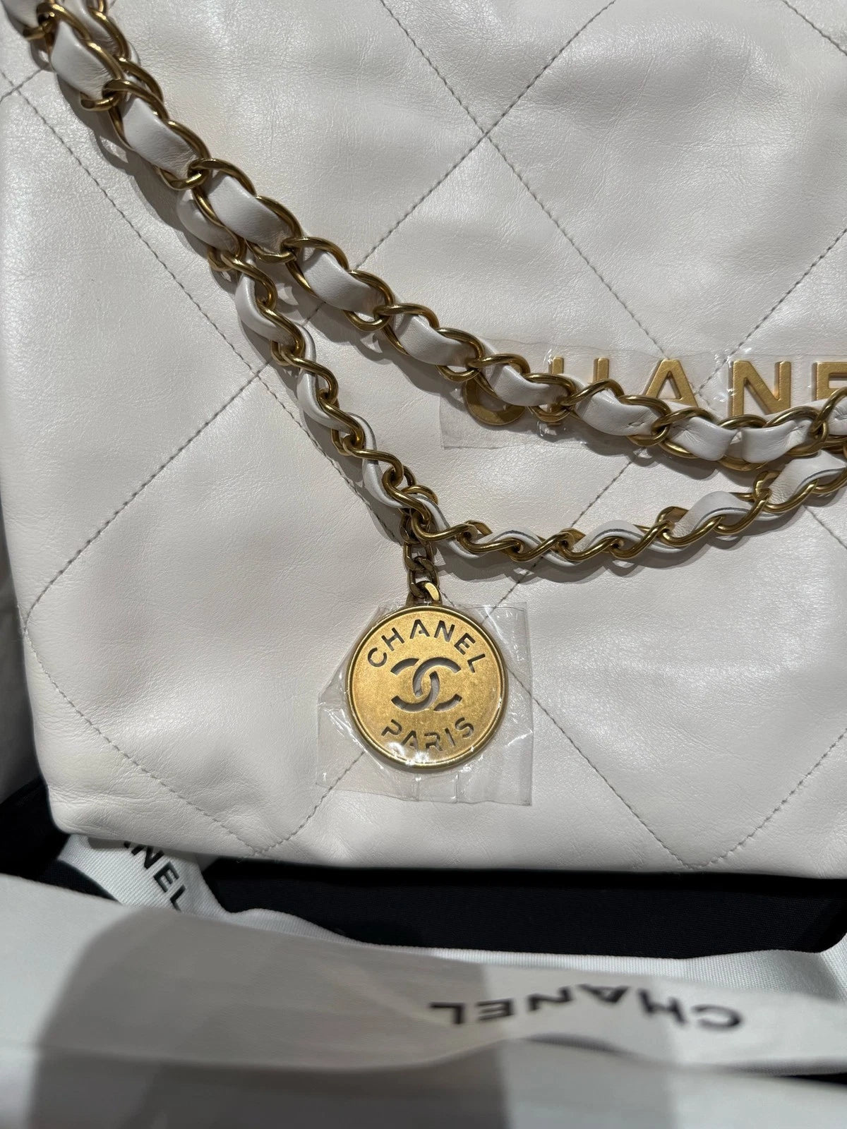 New Full Seal CHANEL Calfskin 22 Small 22Bag White Gold Tote Bag For Women