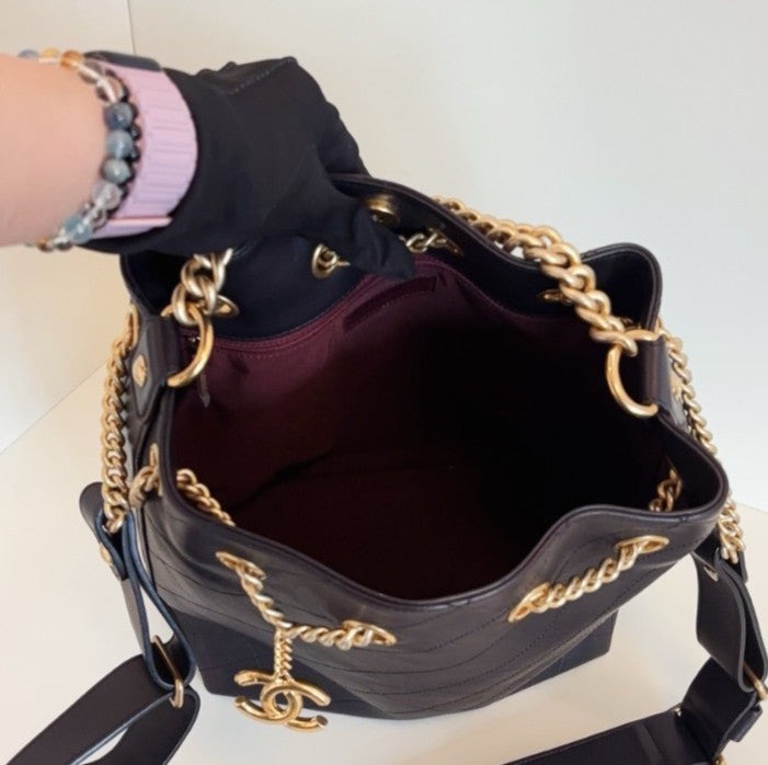 Chanel Calfskin Hobo Bag Chain Top Handle Shoulder Bag Black Gold Women Classic