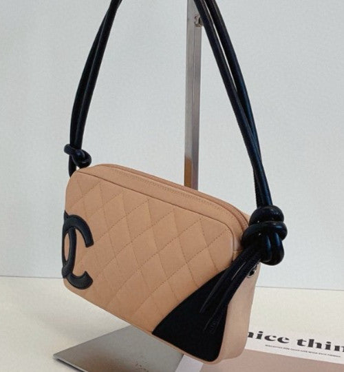 Chanel Cambon Line CC Logo Shoulder Bag Brown Silver Women Classic Diamond
