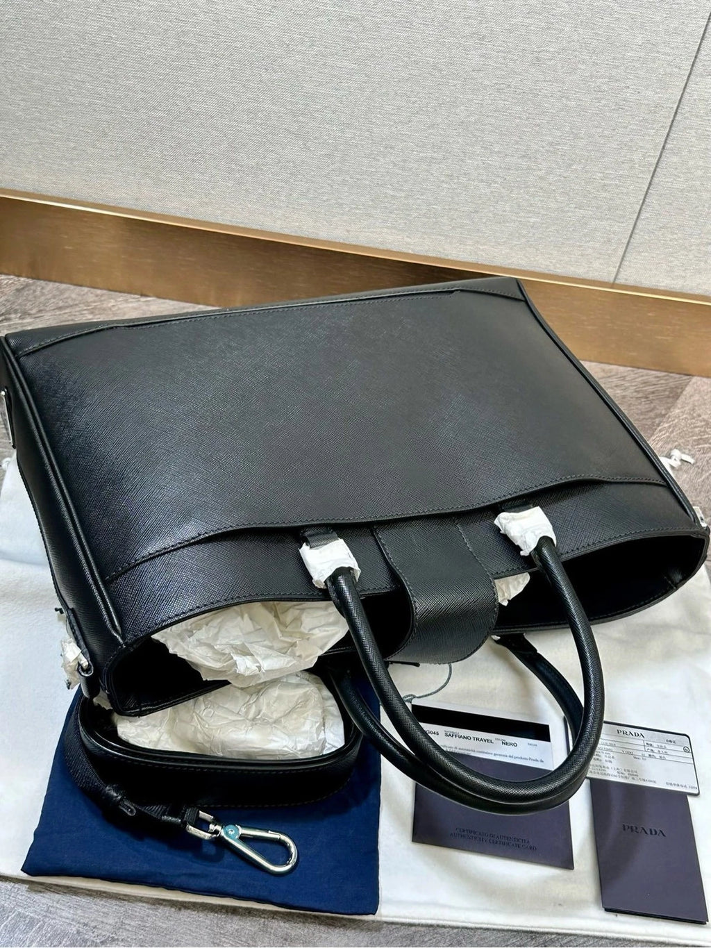 Prada Black Crossgrain Leather Tote Handbag Shoulder Crossbody Women