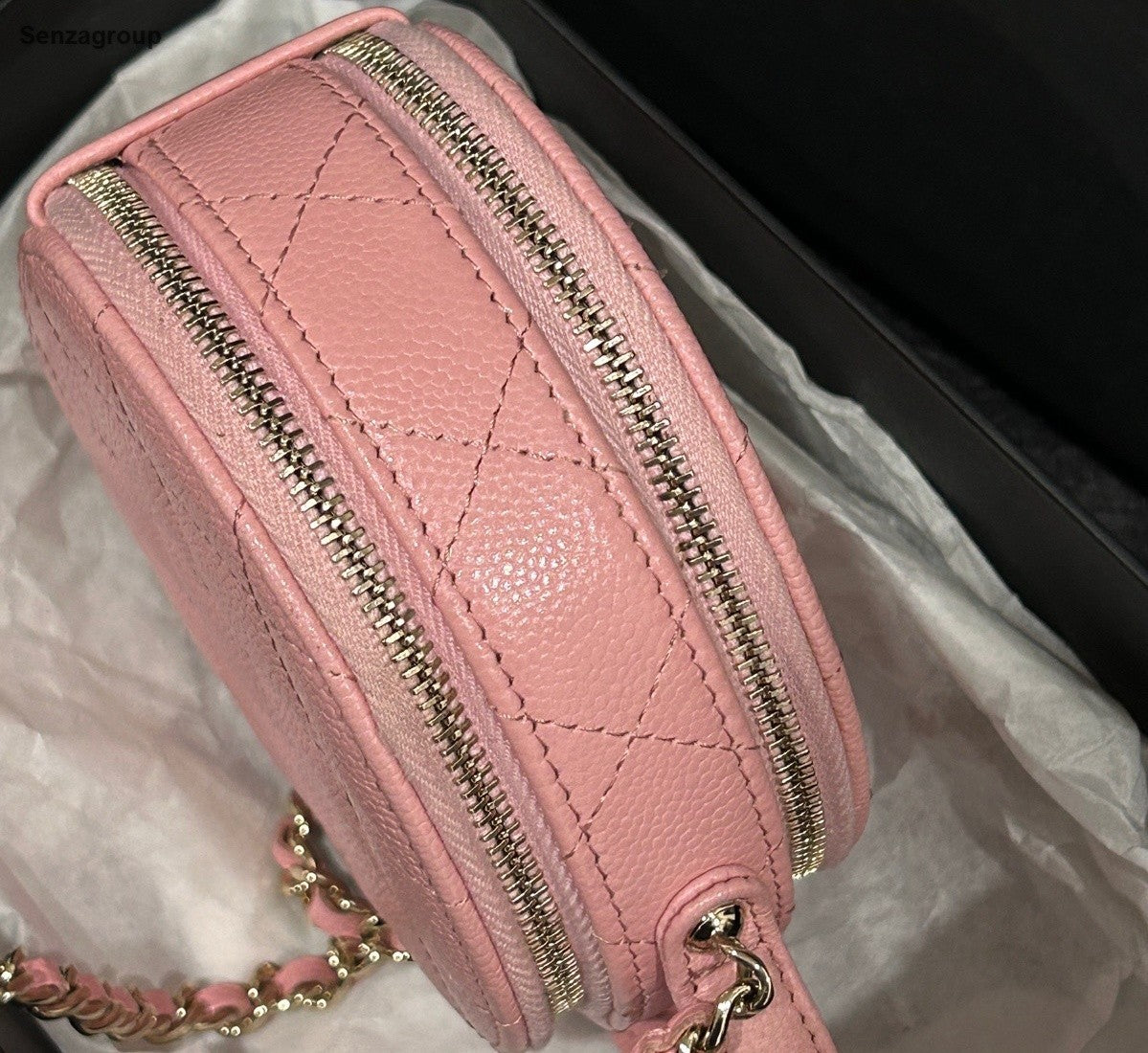 Chanel Diamond Calfskin Round Bag Chain Shoulder Bag Crossbody Pink Gold Women