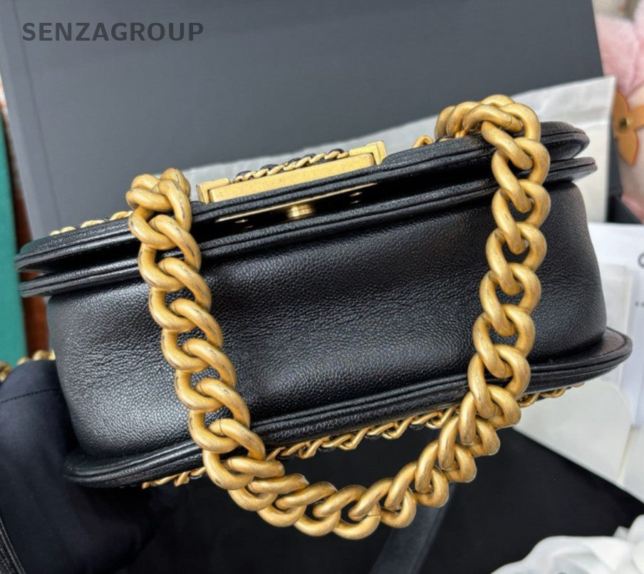 Chanel Leboy Calfskin Chain Shoulder Bag Black Gold Diamond Women Classic