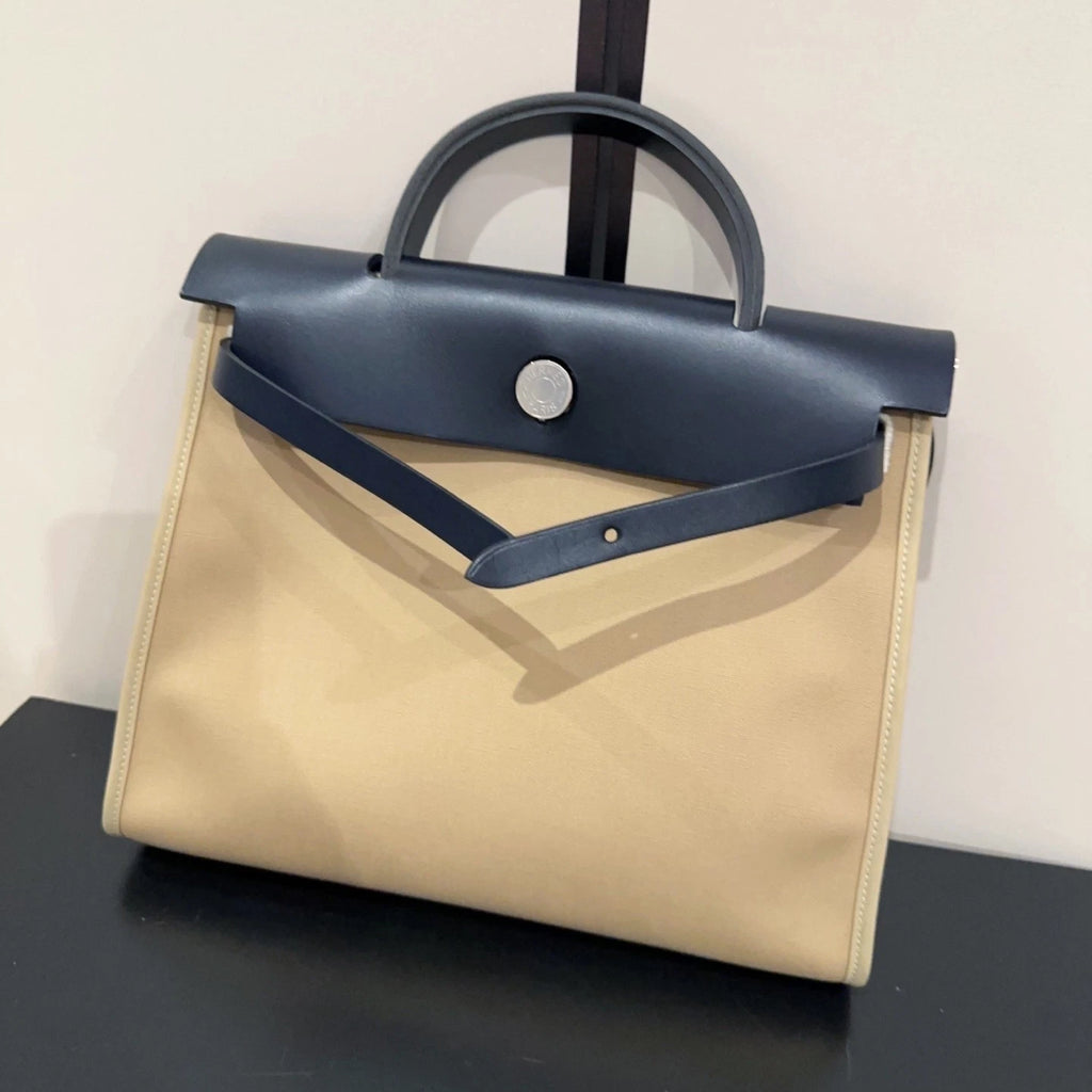 Hermes Herbag31 Canvas Women Tote Bag Beige Black Silver Hardware