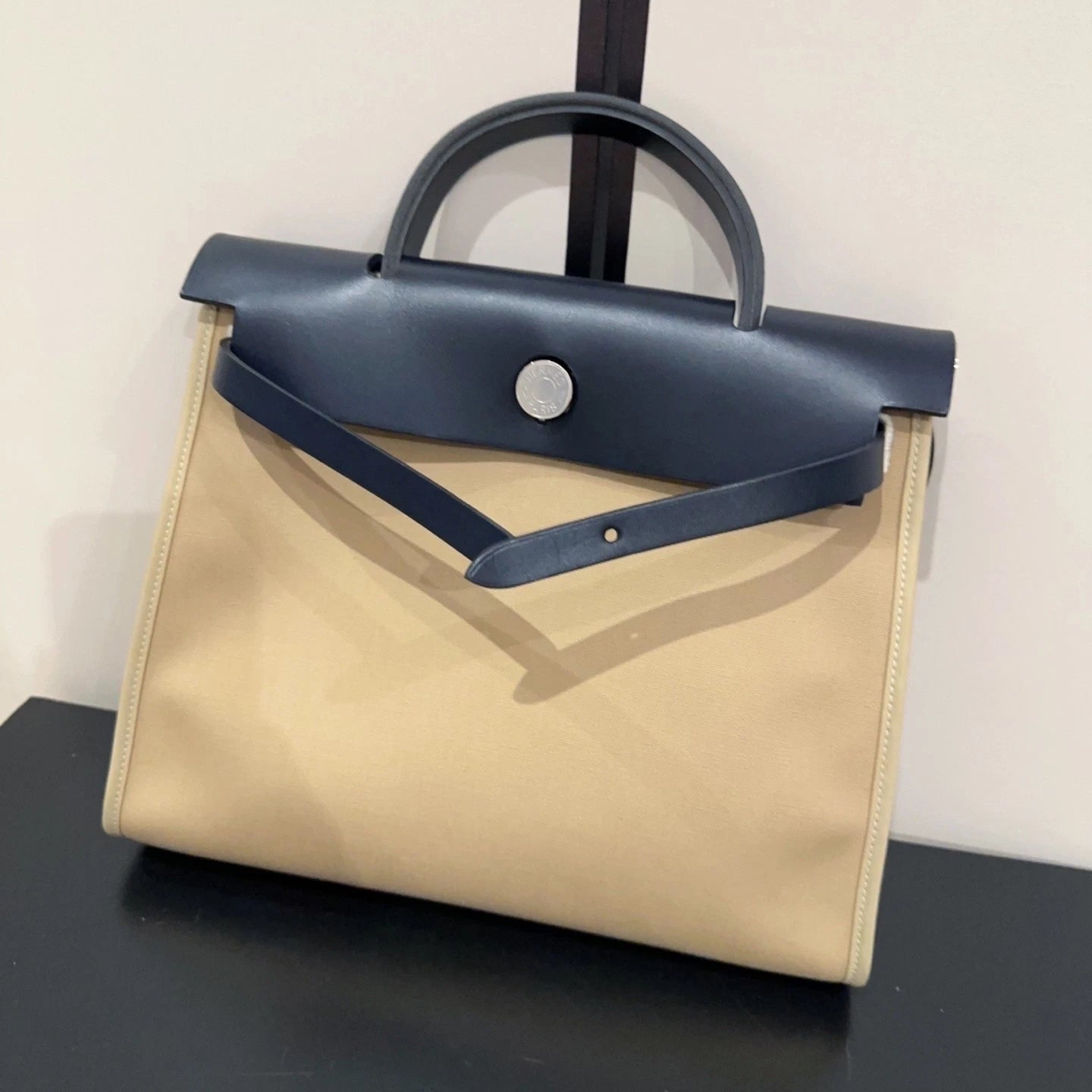 Hermes Herbag31 Canvas Women Tote Bag Beige Black Silver Hardware