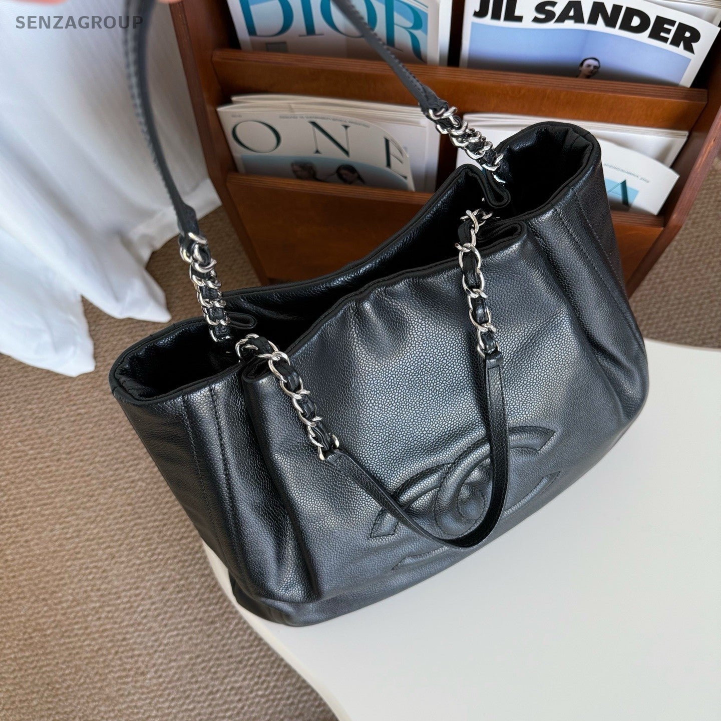 CHANEL CC Logo Relief sculpture Tote Calfskin Shoulder bag Women Black Silver