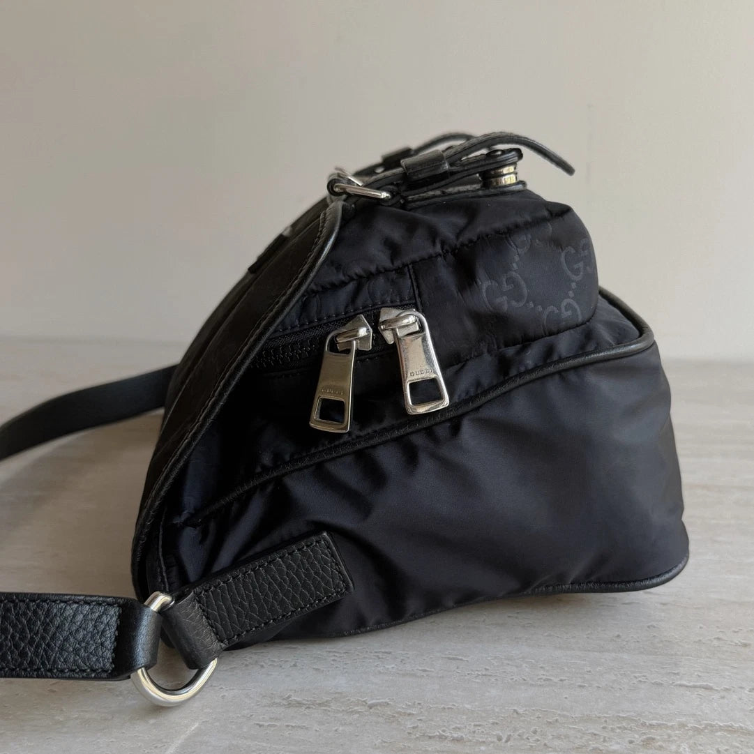 Gucci Monogram Nylon Black Messenger Shoulder Bag Crossbody Silver Hardware