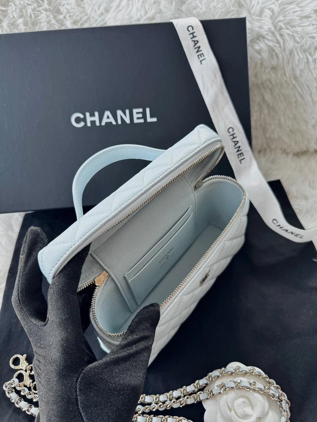 Chanel Baby Blue Leather Vanity Box Bag Gold Chain For Women