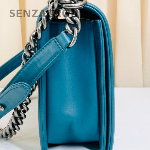 Chanel Leboy Calfskin Vintage Chain Shoulder Bag Blue Silver Women Classic