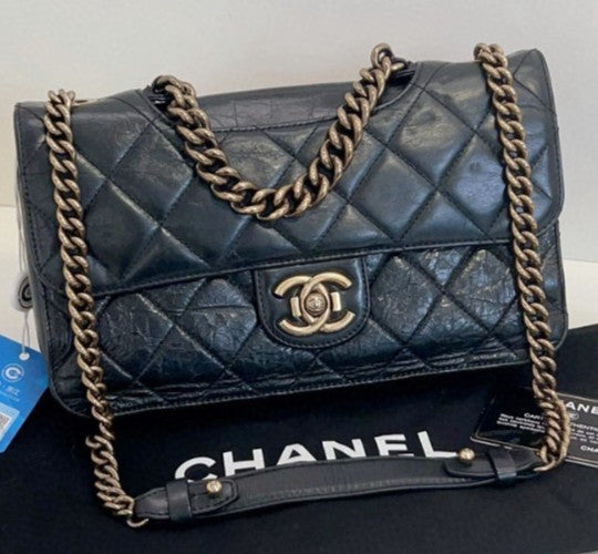 Chanel Classic Flap PM Chain Shoulder Bag Black Gold Women Fashion