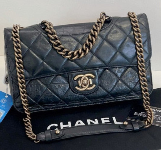 Chanel Classic Flap PM Chain Shoulder Bag Black Gold Women Fashion