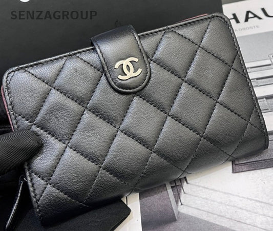 Chanel Lambskin Leather Diamond Pattern Long Wallet Black Silver Used Women