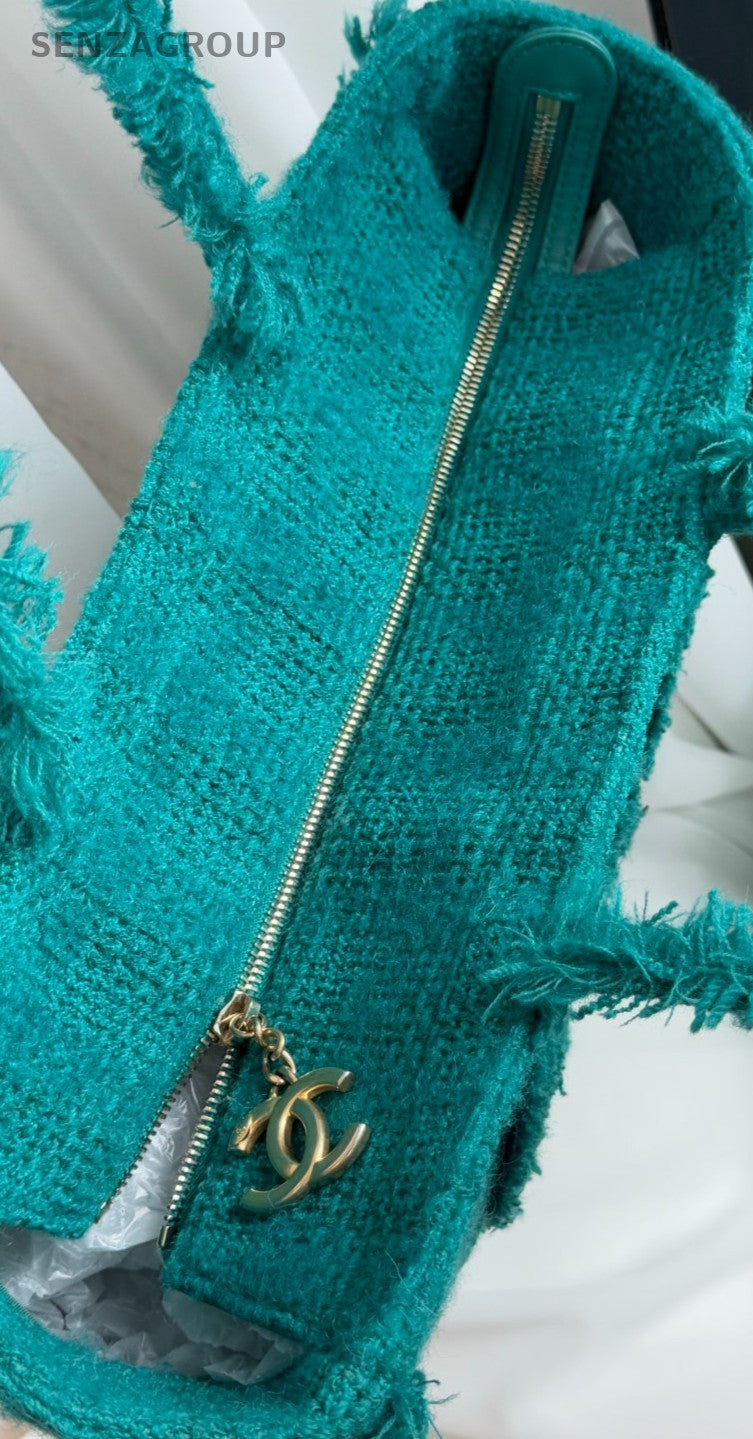 Chanel Tweed Tote Fringe Top Handle Bag Green Used Women Classic Large Logo