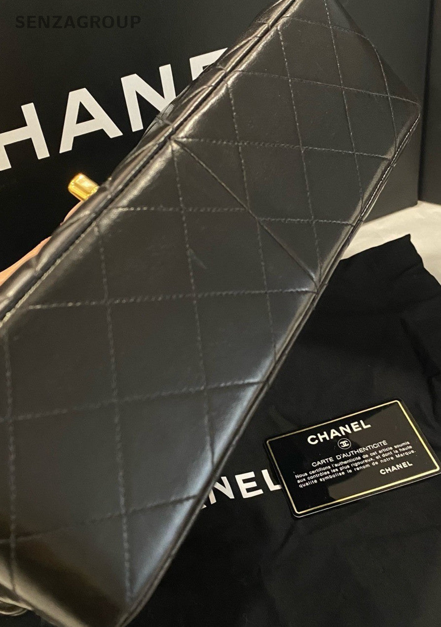 Chanel Classic Flap Vintage MM Top Handle Bag Black Gold Women Designer