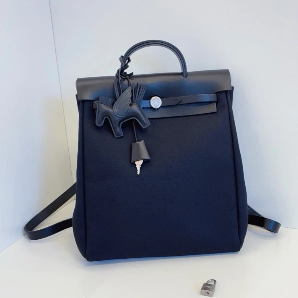 Hermes Herbag Backpack Top Handle Bag Black Silver Hardware Unisex Fashion