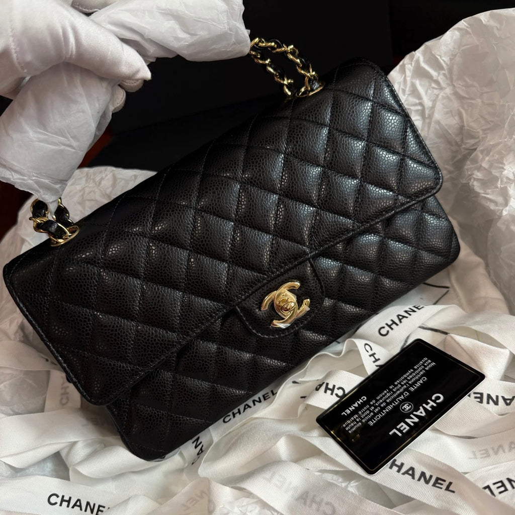 New Chanel Classic Flap MM Calfskin Chain Black Shoulder Bag Crossbody GHW
