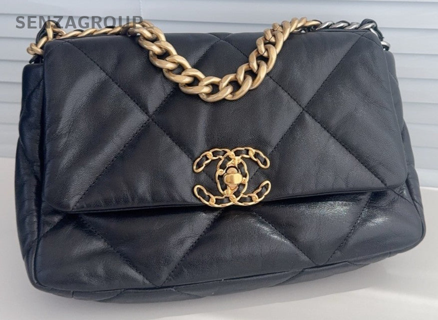 Chanel 19 PM Chain Shoulder Bag Black Gold Silver Used Women Classic
