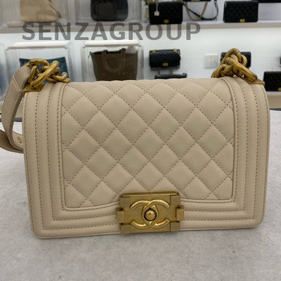 Chanel Le Boy Calfskin Quilted Chain Shoulder Bag in White Gold