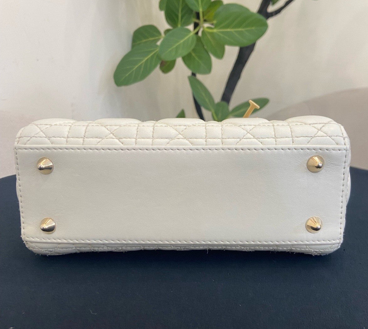 Christian Dior Lady Dior Cannage Crossbody Top Handle Bag White Gold Women