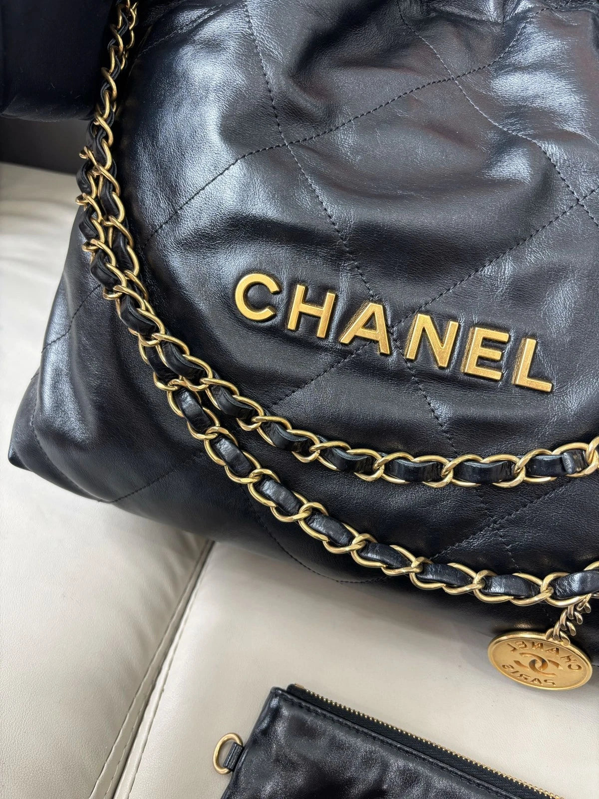 Chanel 22Bag PM Chain Shoulder Bag Crossbody Black Gold Women Classic