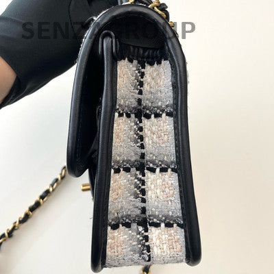Chanel Tweed Messenger Chain Shoulder Crossbody Bag Black White Gold