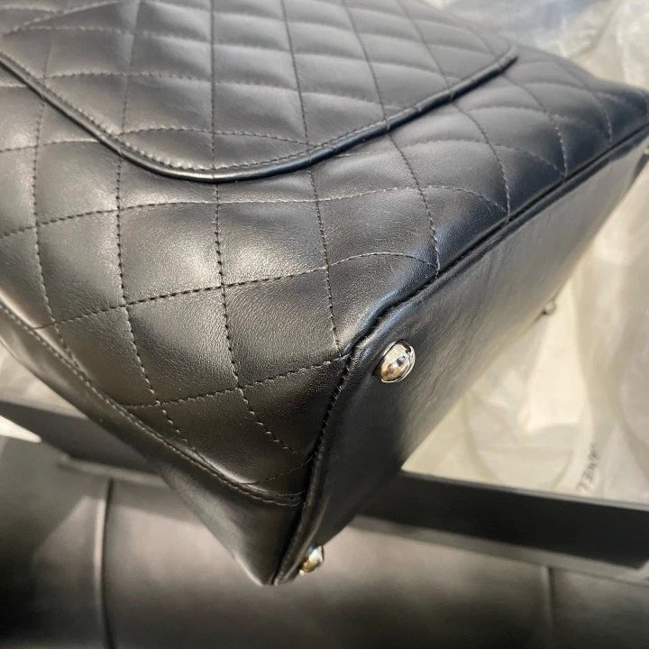 Chanel Cambon So Black Diamond Tote Top Handle Shoulder Bag Silver Women D
