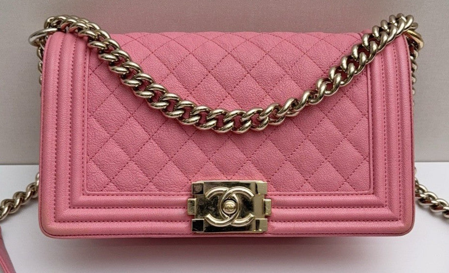 Chanel Leboy MM Calfskin Chain Shoulder Bag Pink Gold Women Classic Designer