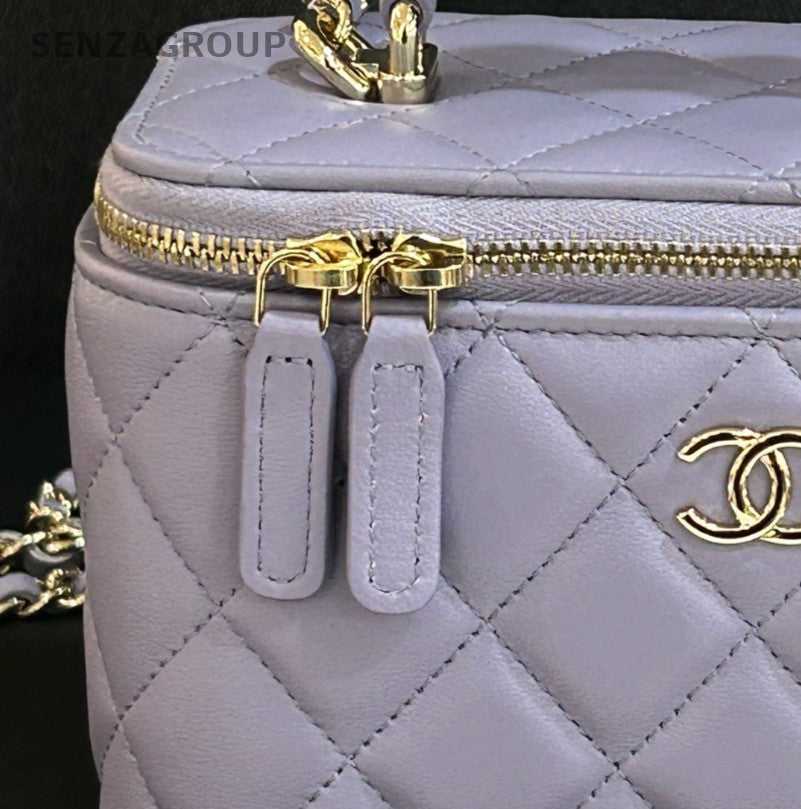Chanel Lambskin Diamond Pattern Top Handle Bag Crossbody Purple Gold Designer