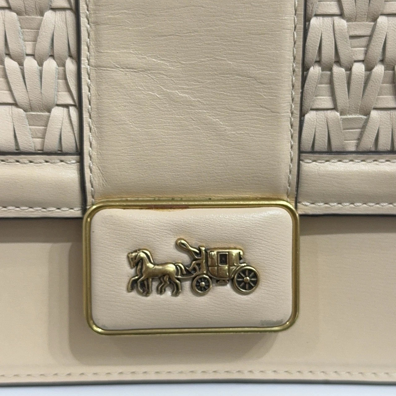 Coach Beige Leather Woven Horse Carriage Shoulder Crossbody Bag For Women