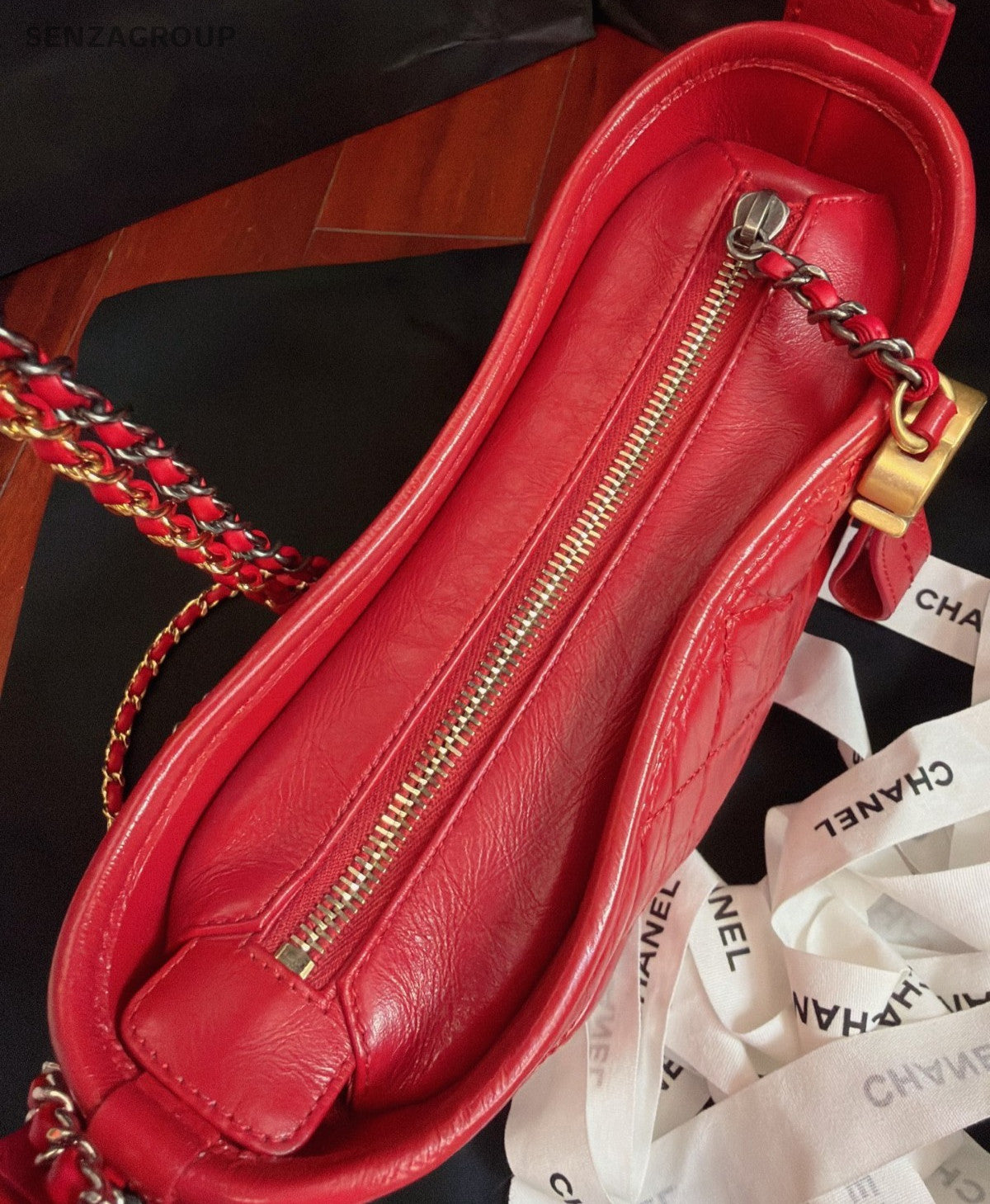 Chanel Gabrielle Calfskin PM Chain Shoulder Bag Crossbody Red Gold Diamond Women
