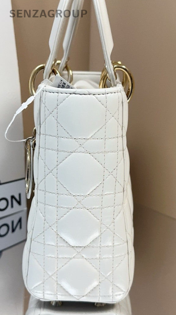 Dior Princess Diana Lambskin Leather Top Handle Bag White Gold Women Classic