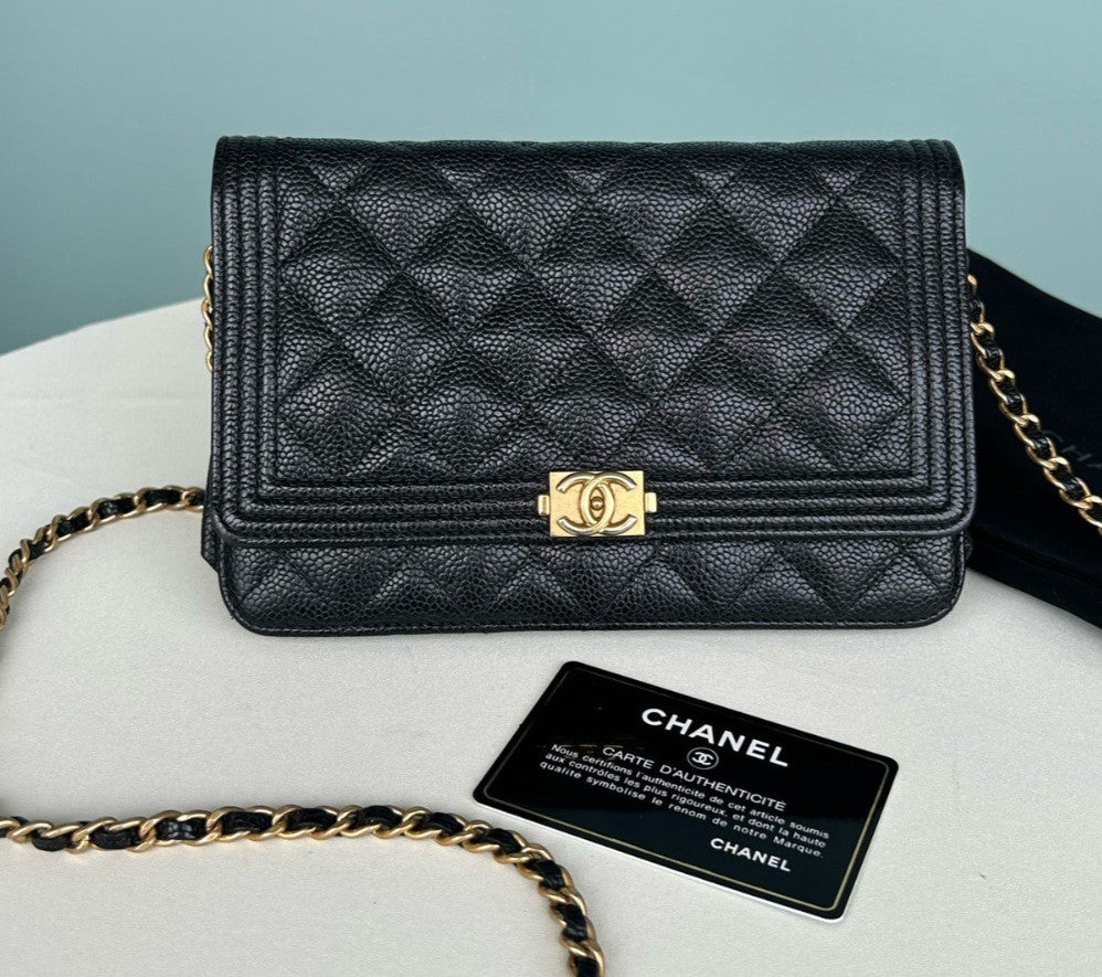 CHANEL Leboy Woc Calfskin Chain Shoulder bag Crossbody Black Gold Women